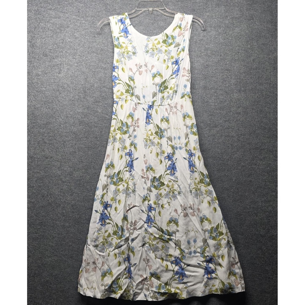 ZARA Basic Floral Maxi Dress Womens S White Blue Green Cut Out Tie Waist